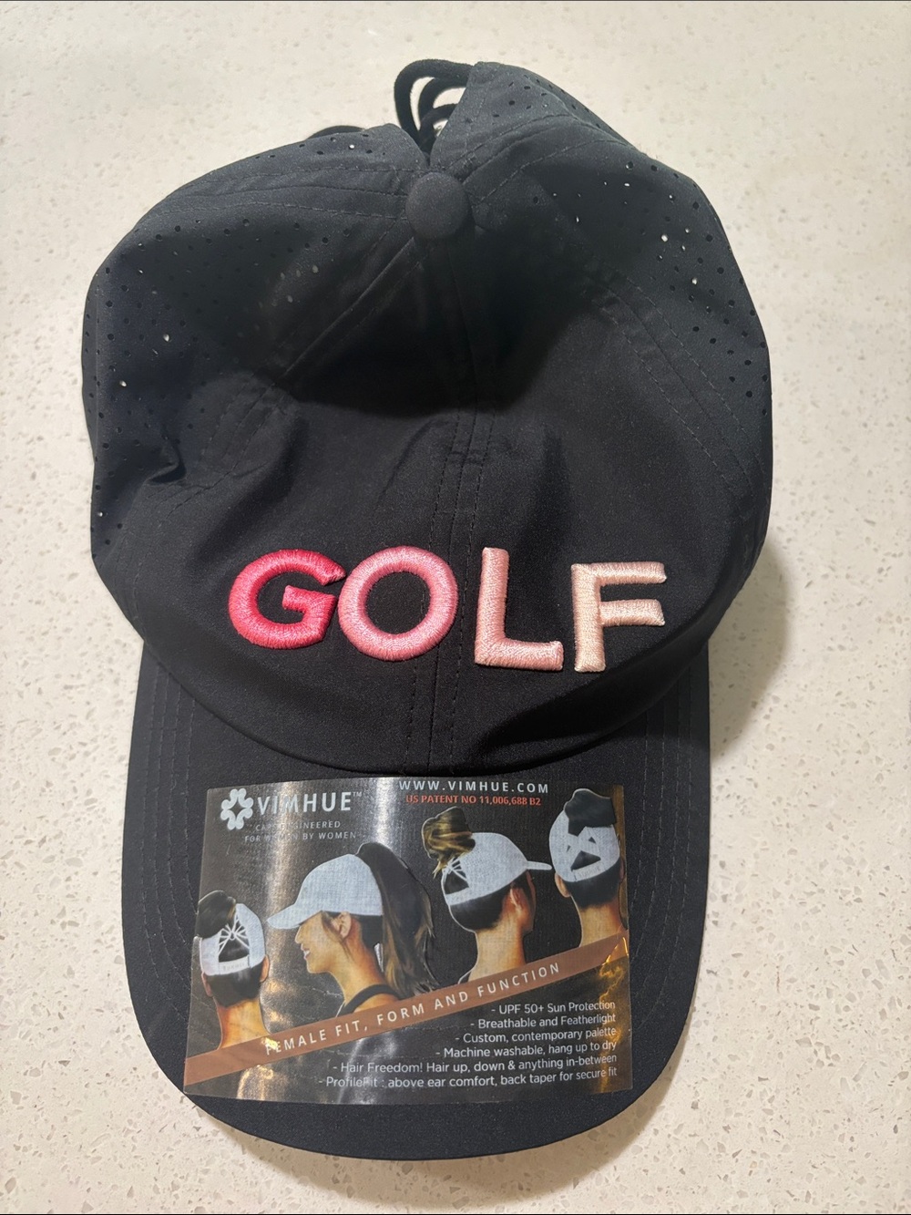 Vimhue Black Golf Cap with Pink Embroidered Lettering